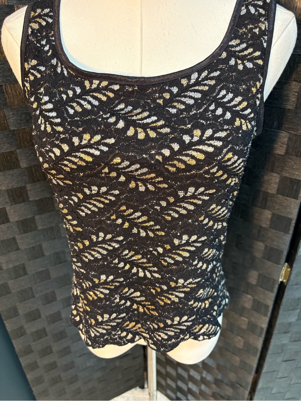 VTG 90s CDW Black Mesh Tank Top Metallic Gold Foliage Whimsigoth Y2K